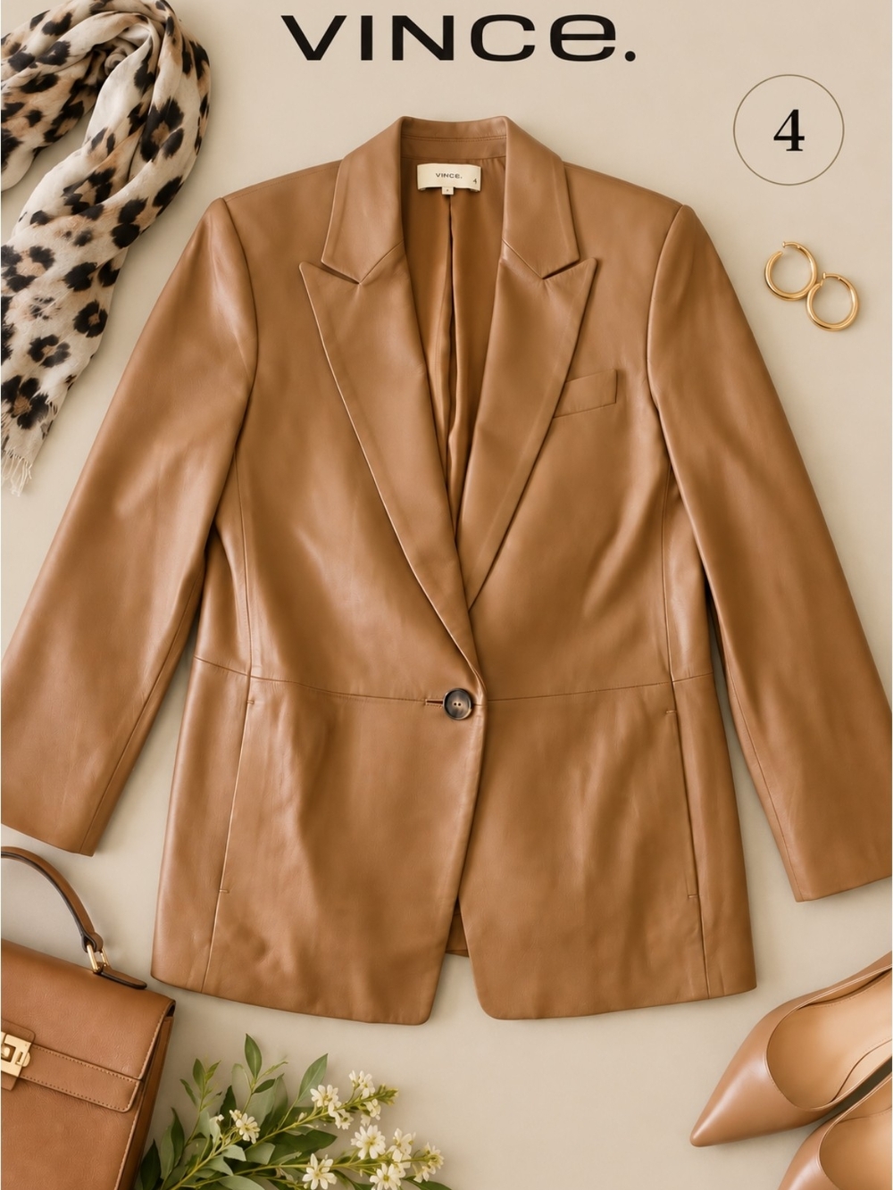 NWT Vince Classic Minimalist Camel Genuine Leather Single-Button Blazer, Size 4